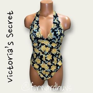 PINK Victoria’s Secret Halter Bodysuit Thong Black & Yellow Floral Size MED | NE